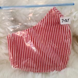 Mask, youth size 7-12, red & white stripes, filter pocket, new 100% cotton